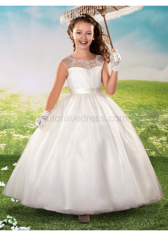 Beaded Sheer Neck Ivory Tulle Flower Girl Dress